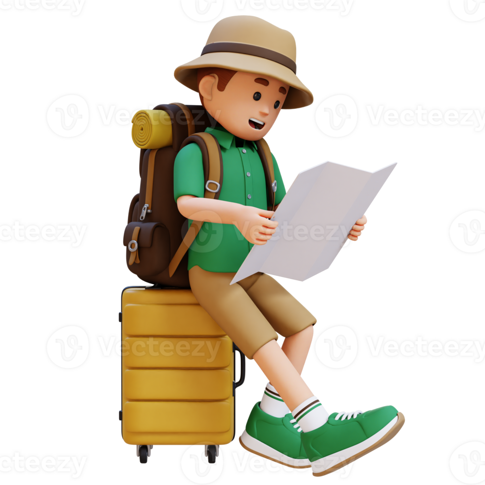 3D Traveller Character Sitting on a Suitcase and Checking the Map png
