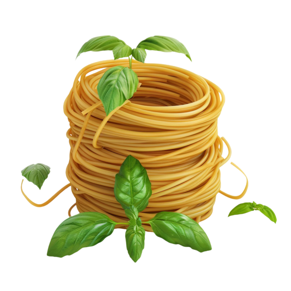 Spaghetti with Basil Leaves on a White Background png