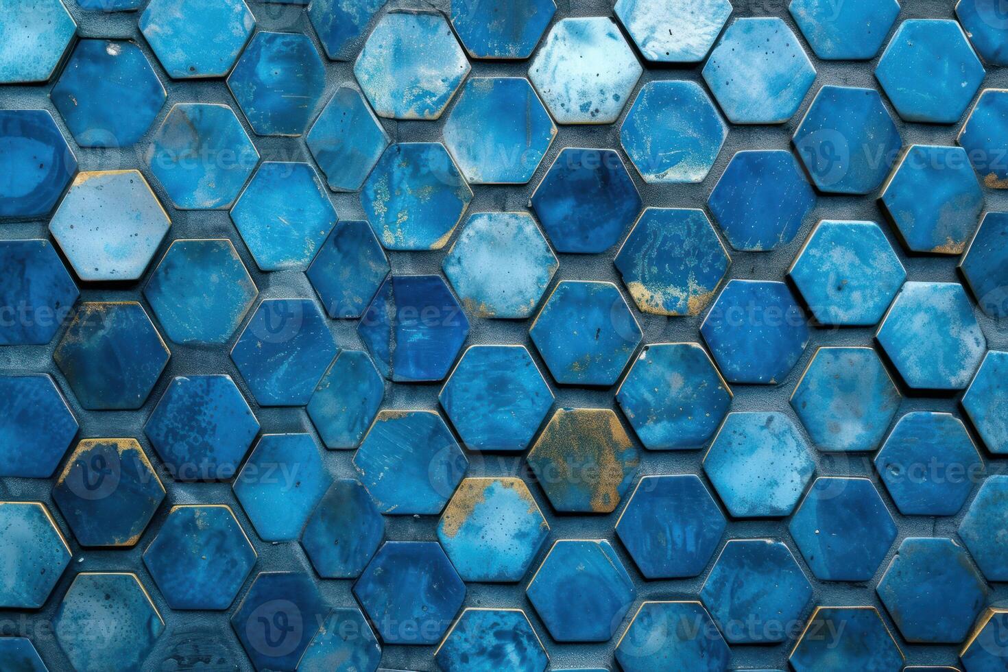 Abstract background of blue hexagonal ceramic tiles with varying hues and textures photo