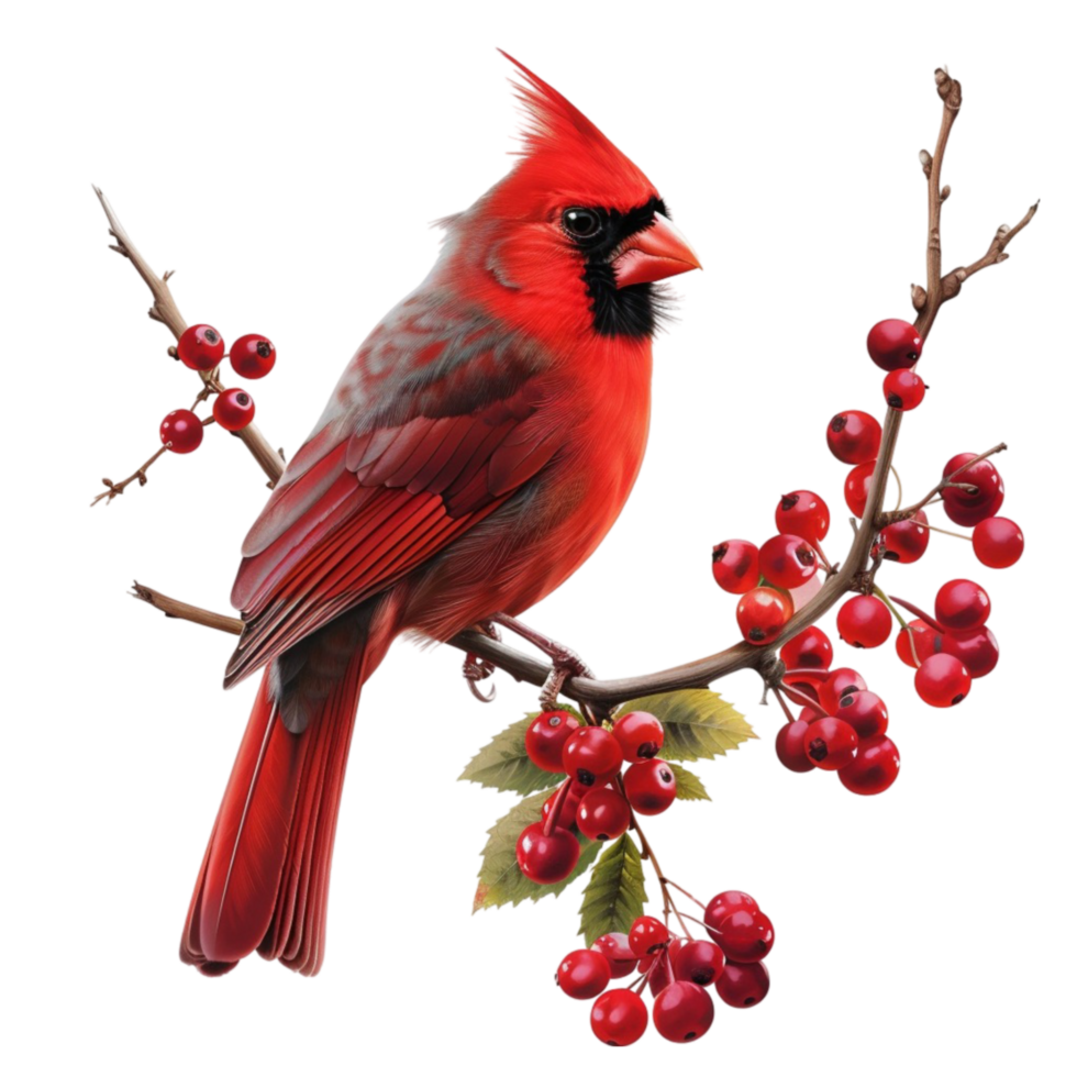 Red Bird Sitting on Branch with White Background png