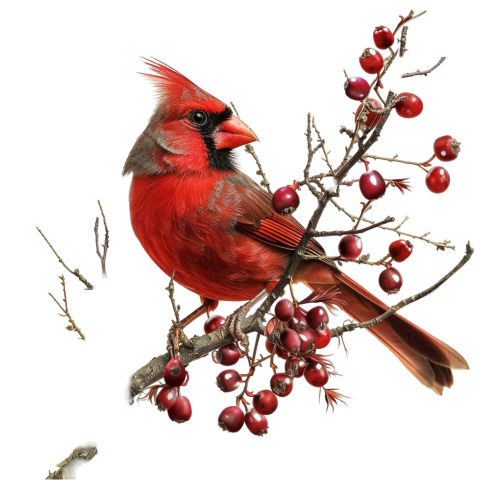 Cardinal Bird on a Branch with Berries on Transparent Background png