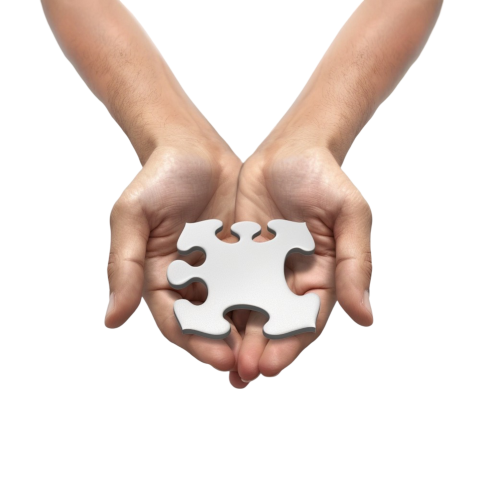 Two Hands of Woman Trying to Connect Puzzle Piece with Sunrise Background png