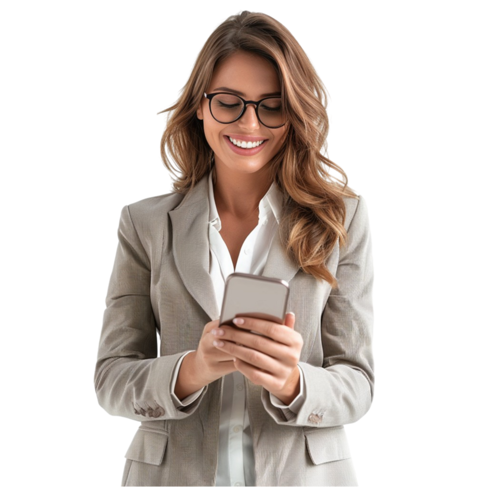 Business Woman in Glasses Using Her Phone on Transparent Background png