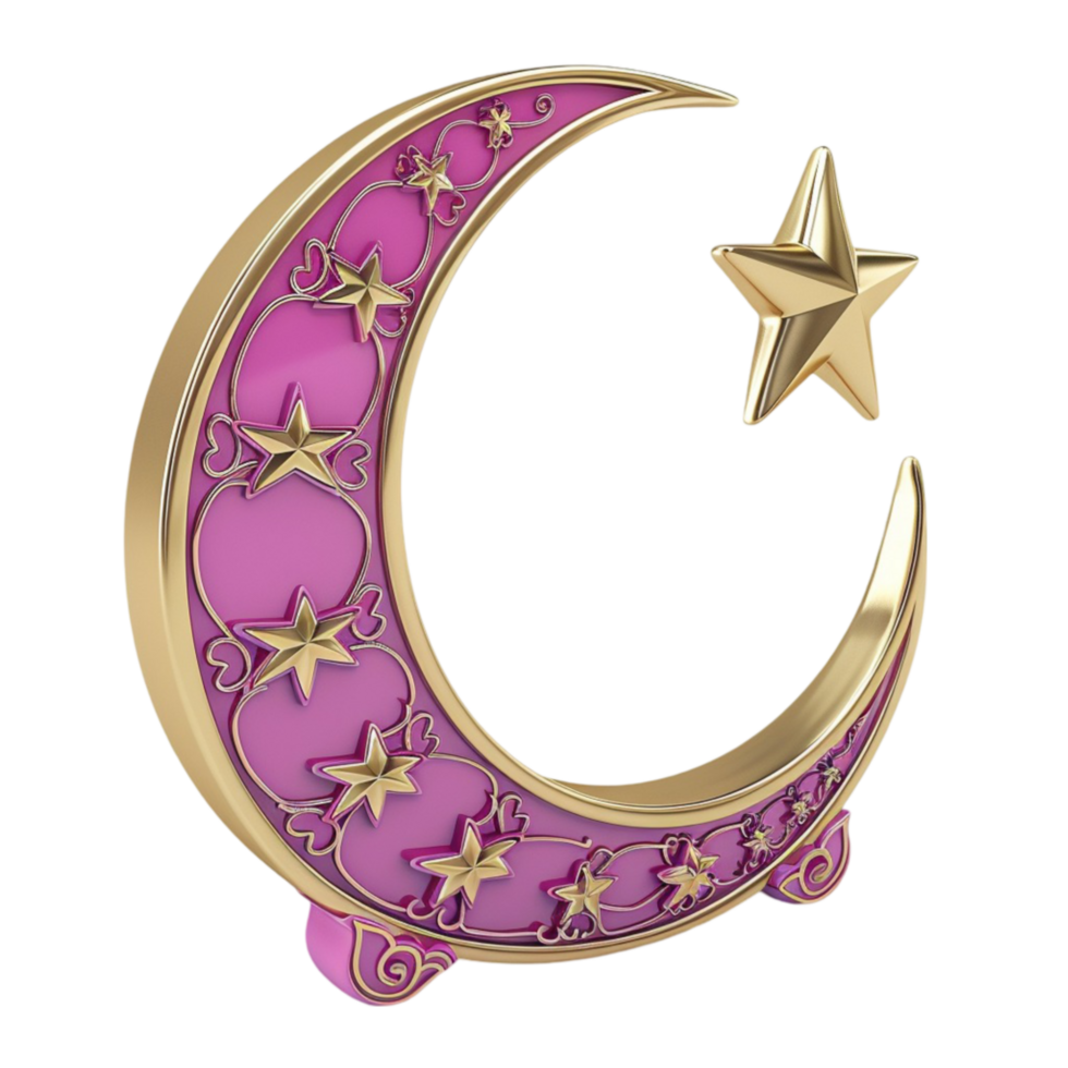 Pink Crescent Moon with Gold Stars On Transparent Background. png