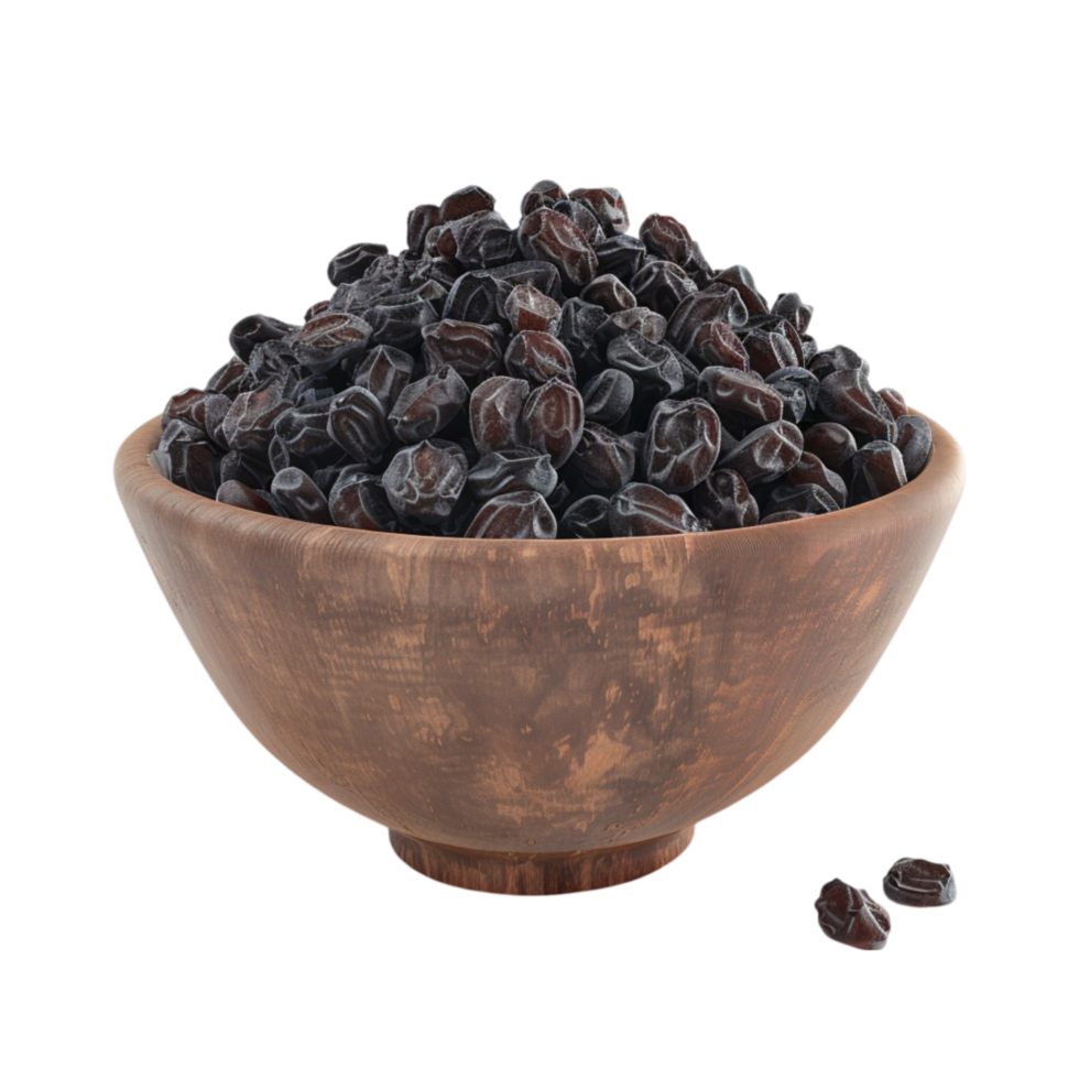 Black Raisins in a Wooden Bowl On Transparent Background. png