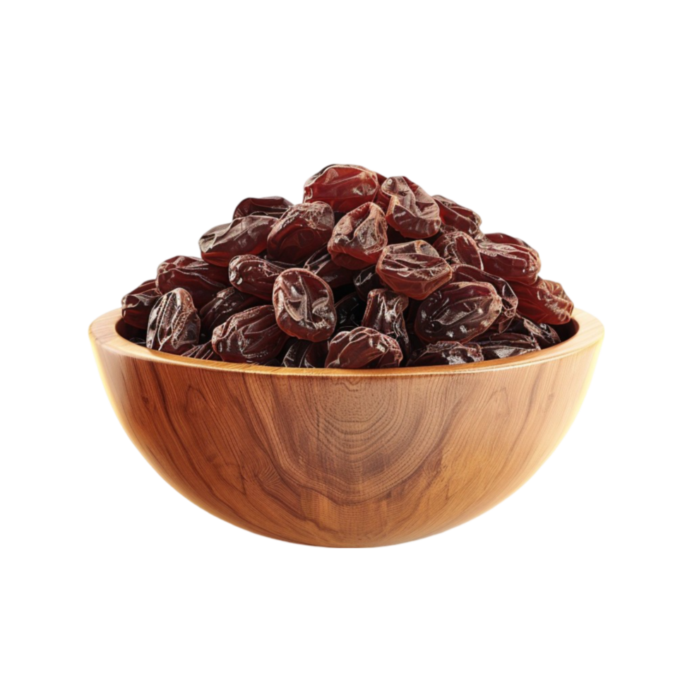 Raisins in a Wooden Bowl on a Transparent Background png