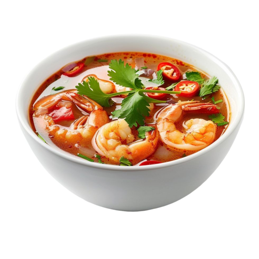 Thai Curry Soup in a Bowl with Shrimp and Vegetables on a Transparent Background png