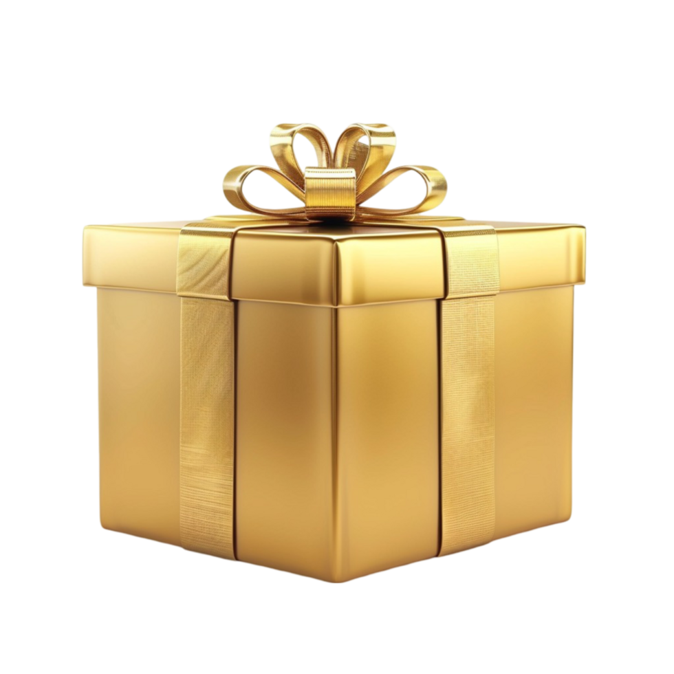 Golden gift box festive metallic container tied bow ribbon on transparent background png