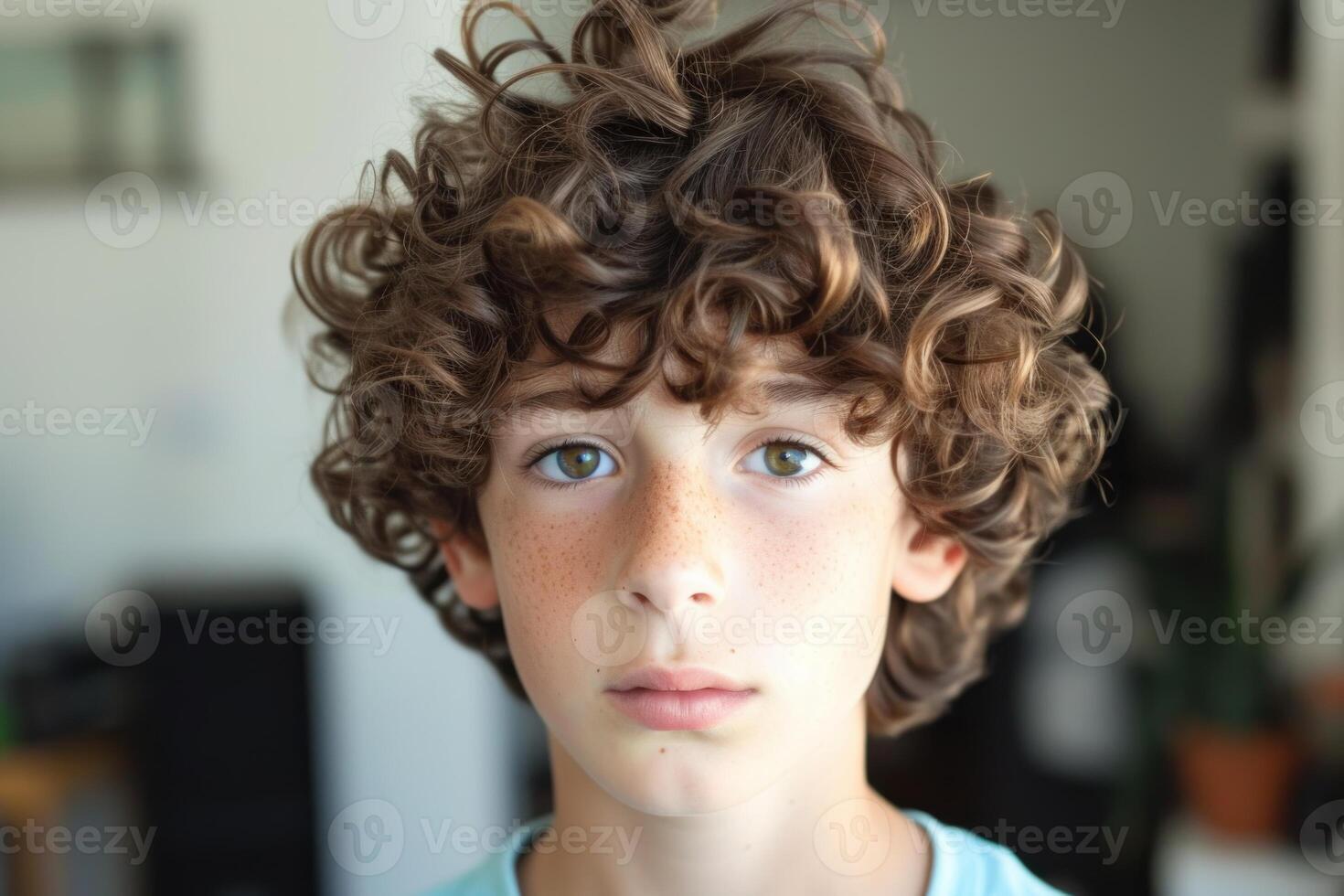 Portrait of curly haired boy with freckles photo