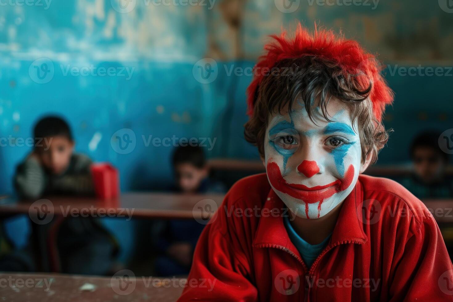 Child with clown makeup in classroom photo