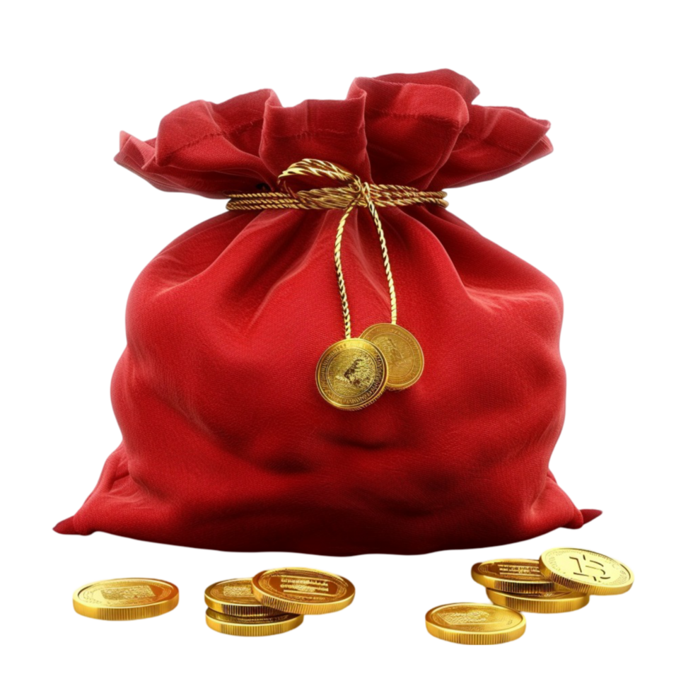 Red Bag with Gold Coins Isolated on Transparent Background Genereted AI png