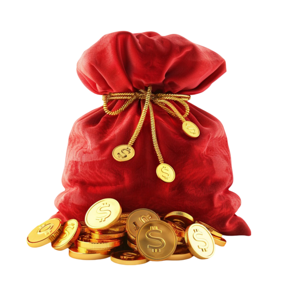 Golden coins in a red bag with a gold coin on top On Transparent Background. Genereted AI png
