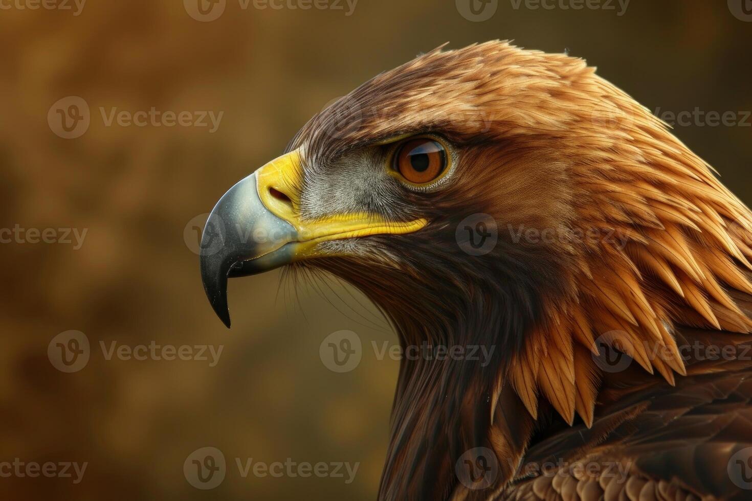 Detailed portrait of a golden eagle with sharp focus on its vibrant eyes and beak photo