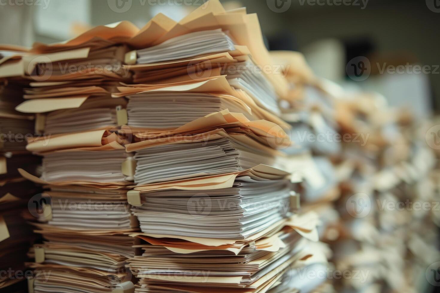 Stacks of paperwork and files in office photo