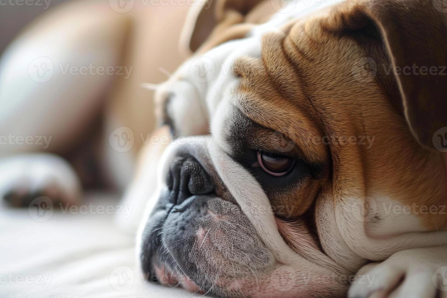 Close-up of a calm english bulldog resting on a soft surface inside a home photo