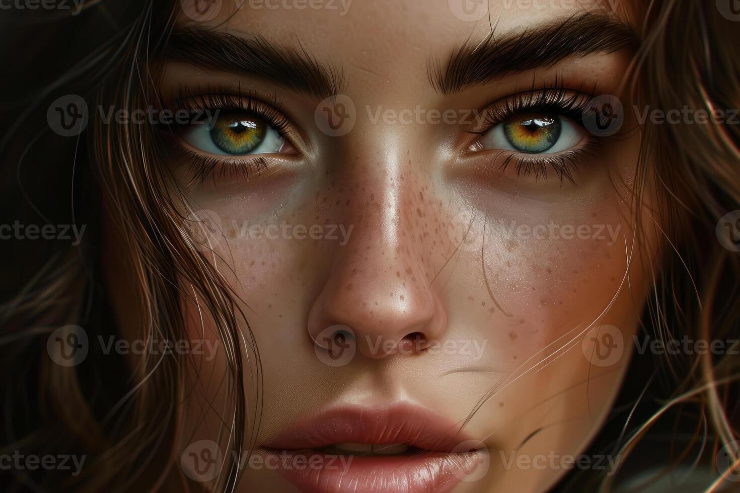 Mesmerizing close-up of a woman with striking green eyes photo