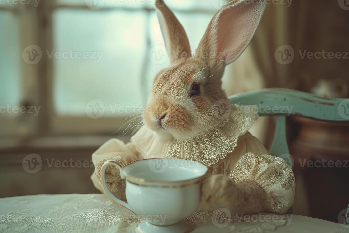 Vintage styled bunny with teacup photo