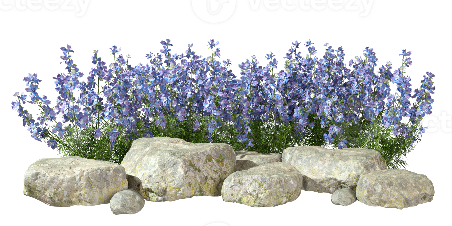 Flowers blossoming and rocks composition design cutout backgrounds 3d rendering png