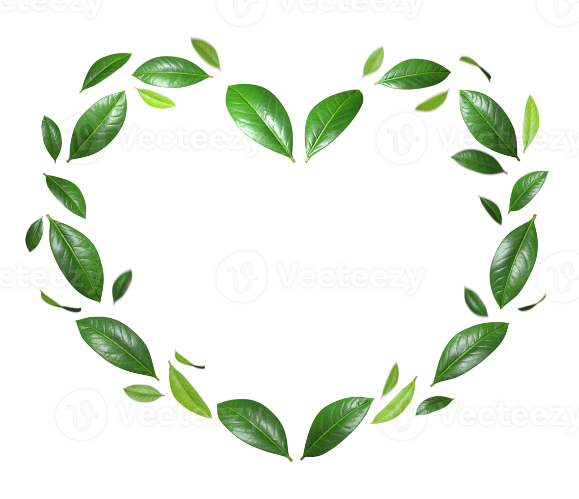 Heart shapes green leafs flying movement conceptual on transparent backgrounds 3d rendering png