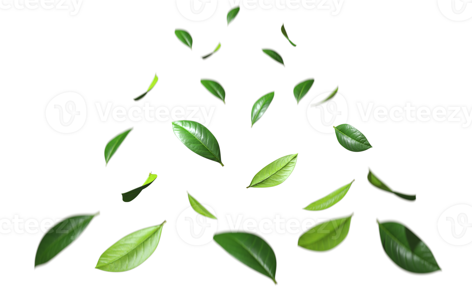 Green leaves fly motion springtime cutout on transparent backgrounds 3d rendering png