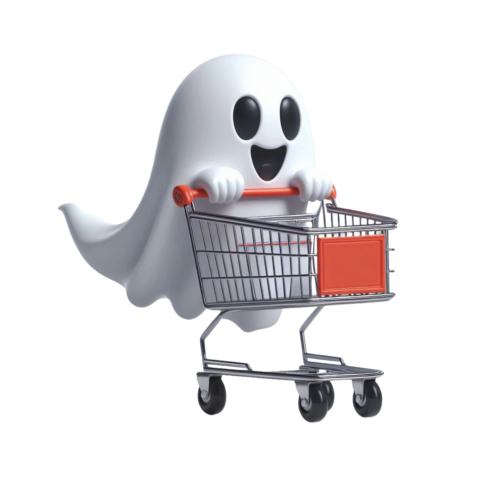 Funny ghost character in cartoon style with shopping cart and Sale sign png