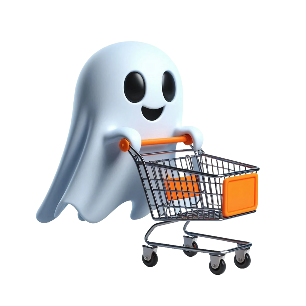 Funny ghost character in cartoon style with shopping cart and Sale sign png