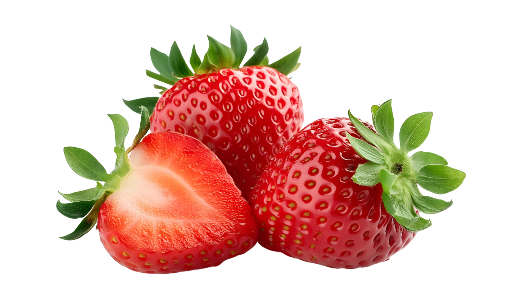 group of fresh strawberry and half strawberry isolated, red strawberry cut out png