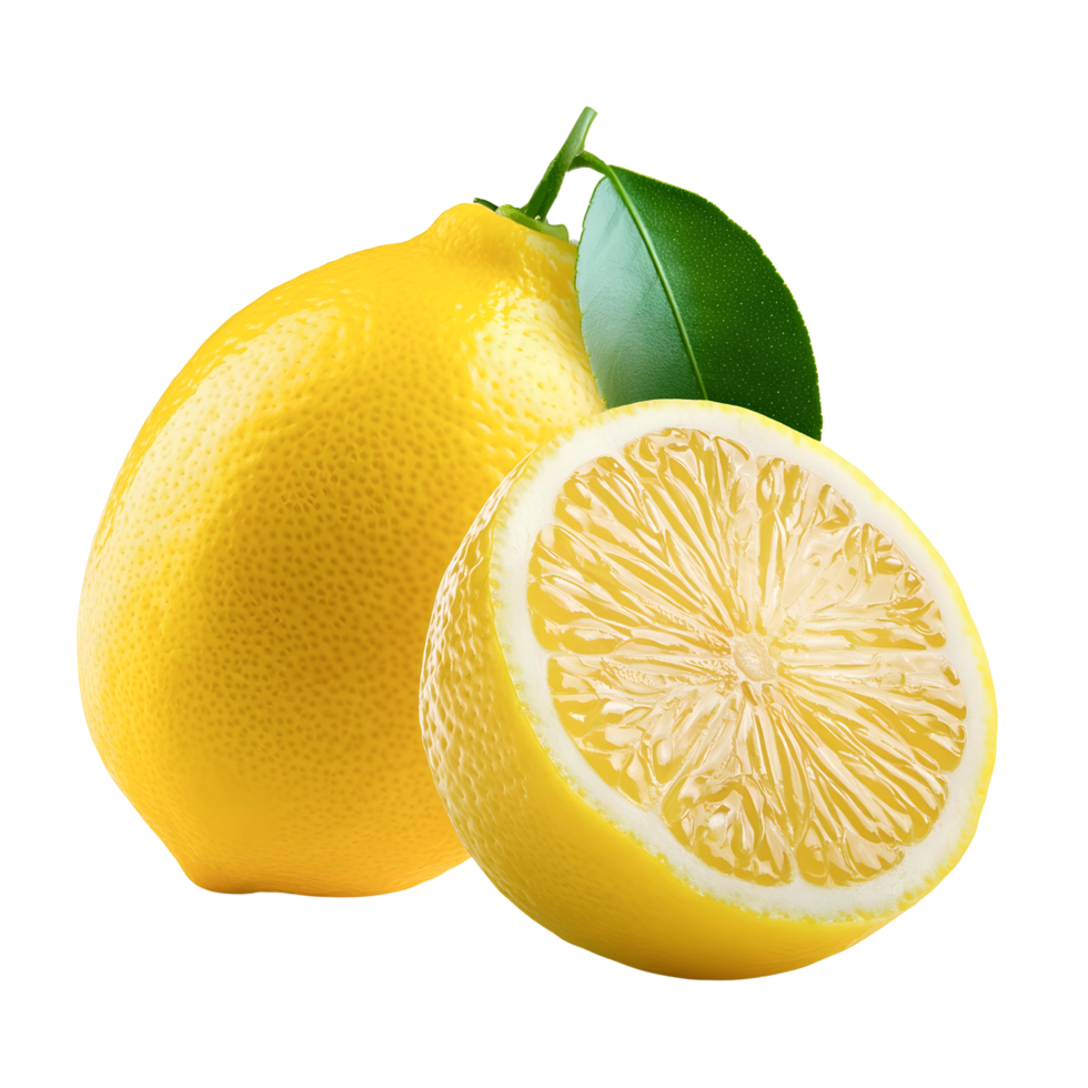 Group of fresh lemon and half lemon isolated, yellow lemon cut out. png