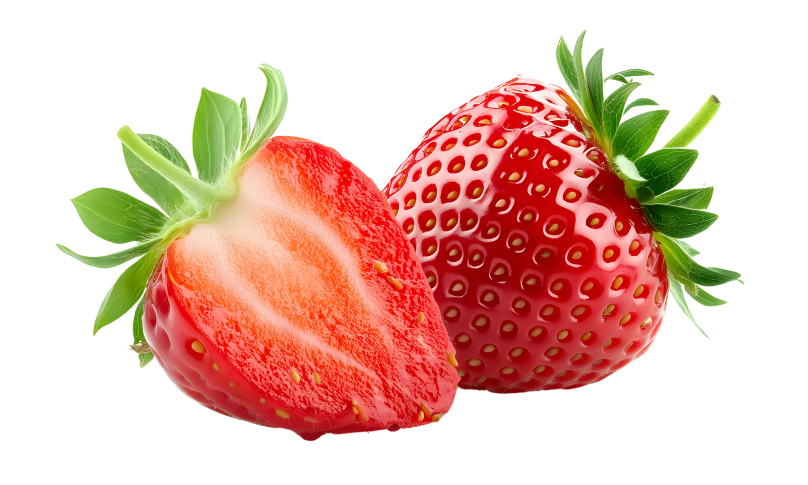 group of fresh strawberry and half strawberry isolated, red strawberry cut out png