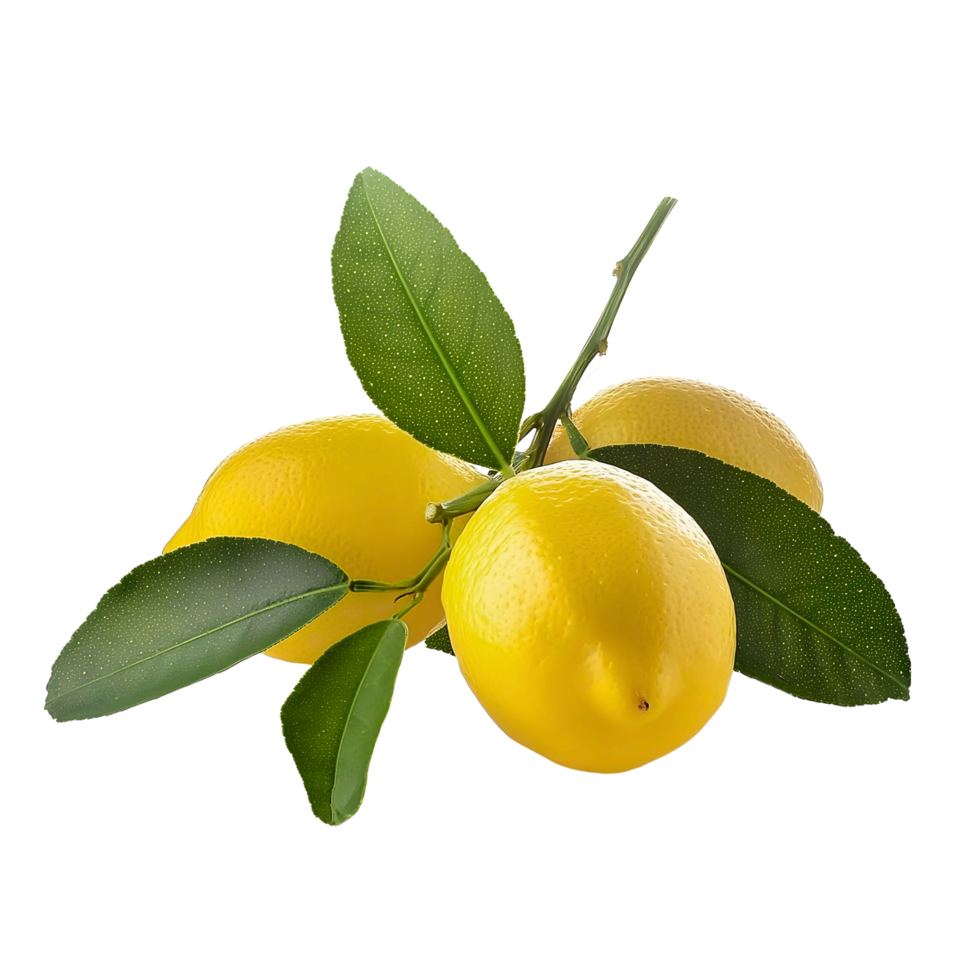 Branch of fresh lemon isolated, group of yellow lemon cut out. png