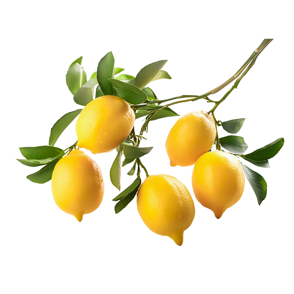 Branch of fresh lemon isolated, group of yellow lemon cut out. png
