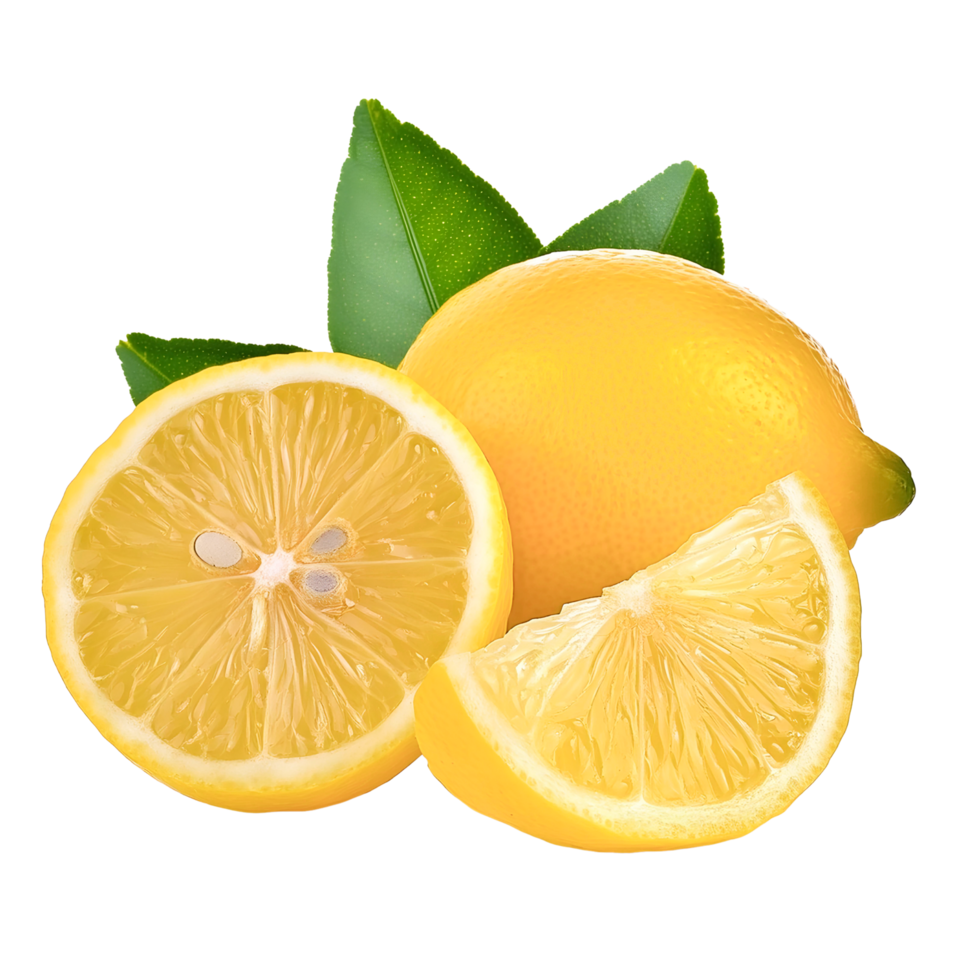 Group of fresh lemon and half lemon isolated, yellow lemon cut out. png