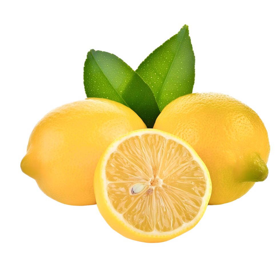 Group of fresh lemon and half lemon isolated, yellow lemon cut out. png
