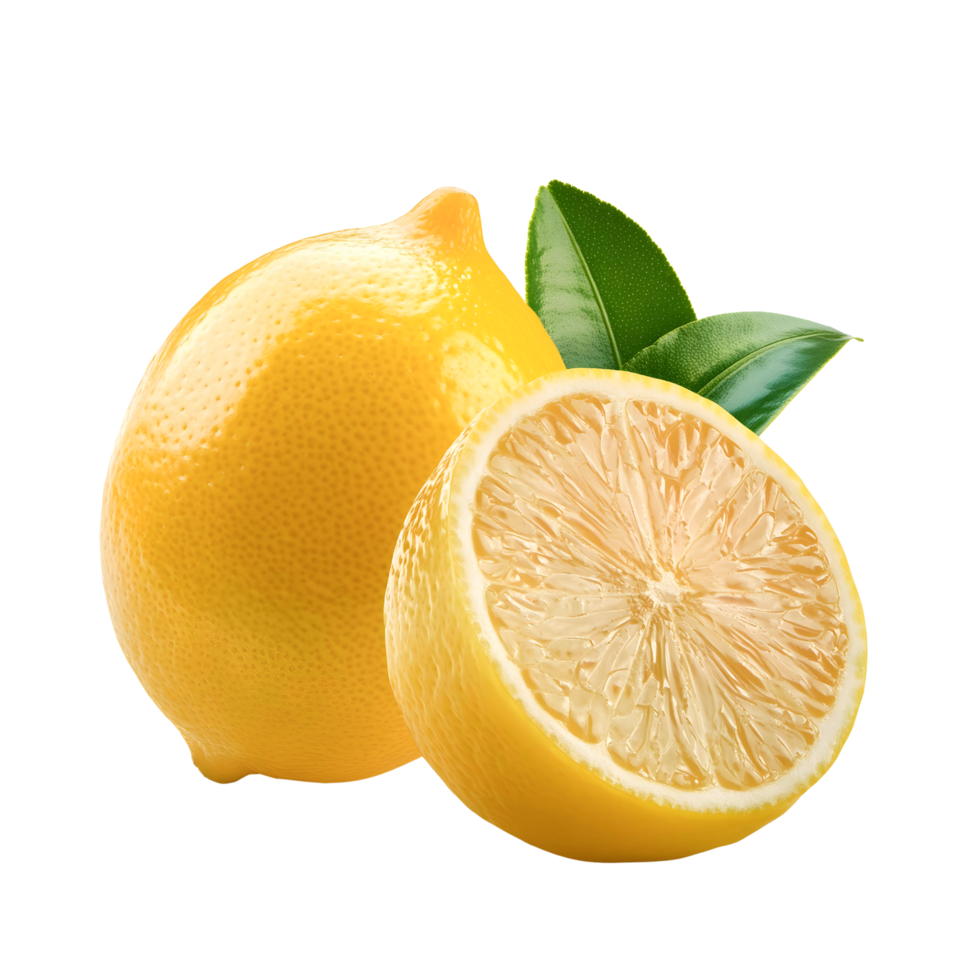 Group of fresh lemon and half lemon isolated, yellow lemon cut out. png