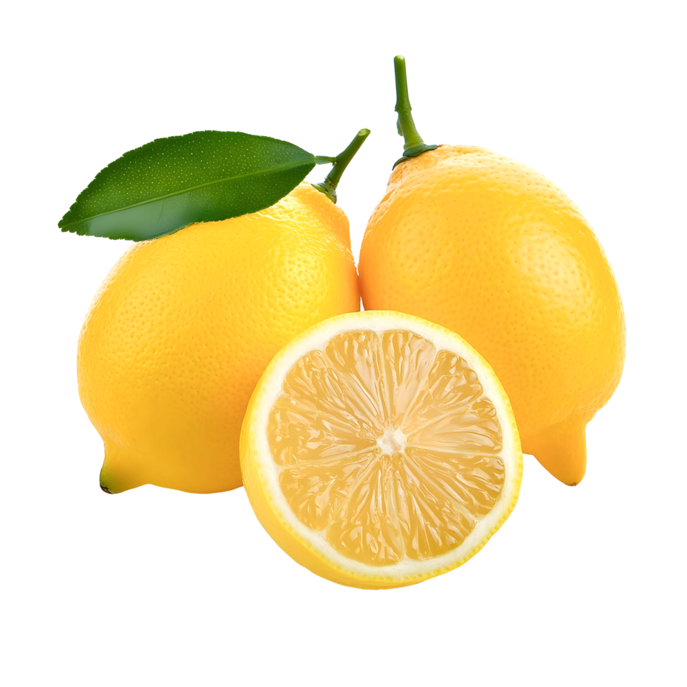 Group of fresh lemon and half lemon isolated, yellow lemon cut out. png