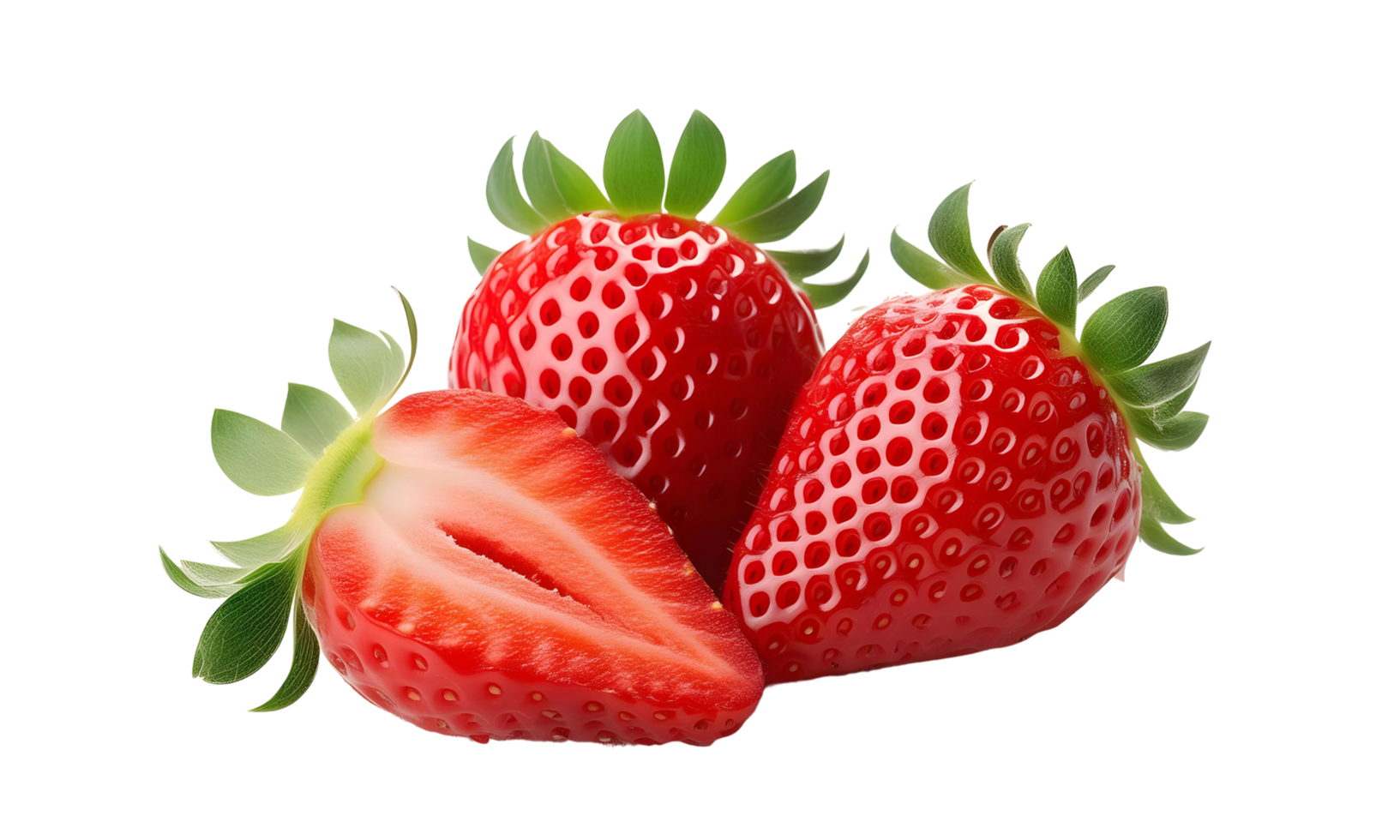group of fresh strawberry and half strawberry isolated, red strawberry cut out png