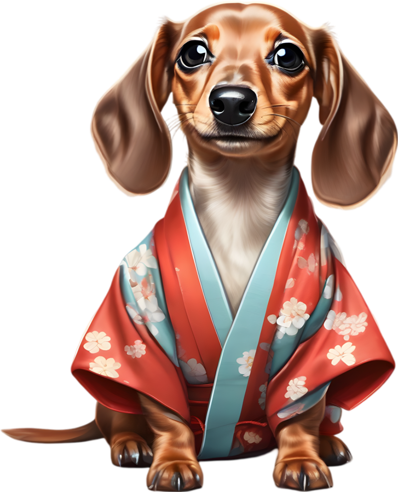 Adorable puppy wears colorful kimono in charming clipart illustration. AI-generated. png