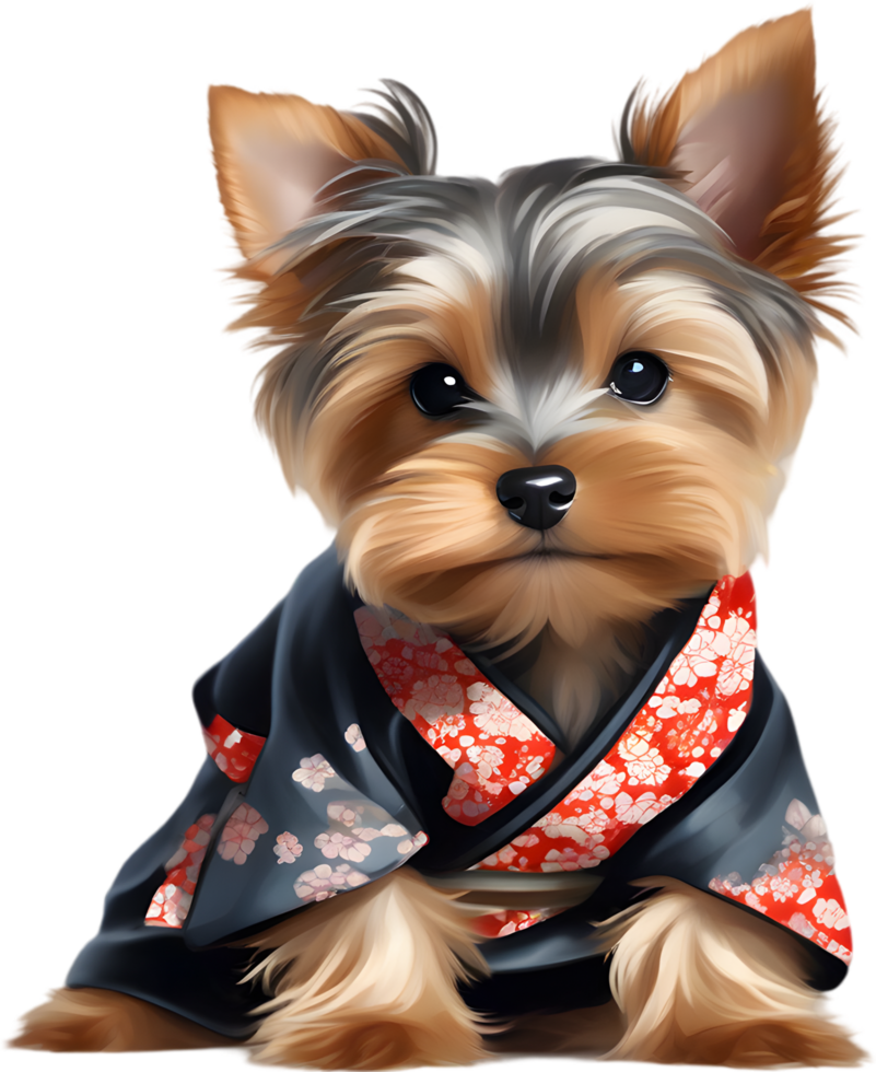 Adorable puppy wears colorful kimono in charming clipart illustration. AI-generated. png