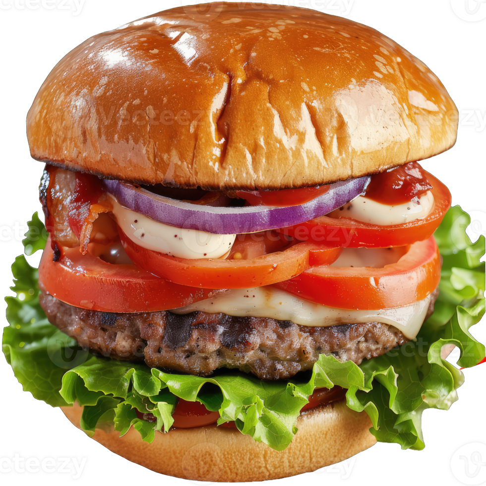 Hamburger with soft bun and vegetables png