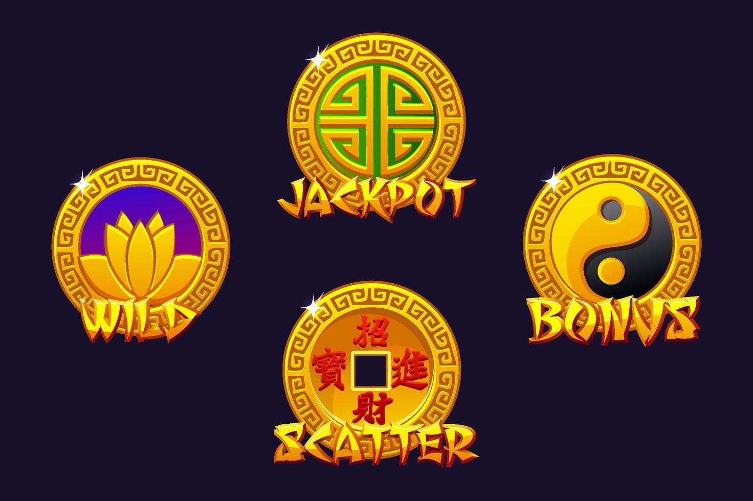 China slots icons-Wild, jackpot, bonus, and scatter. Chinese lucky coins. symbols for 2D Games and Casino or Slots. vector