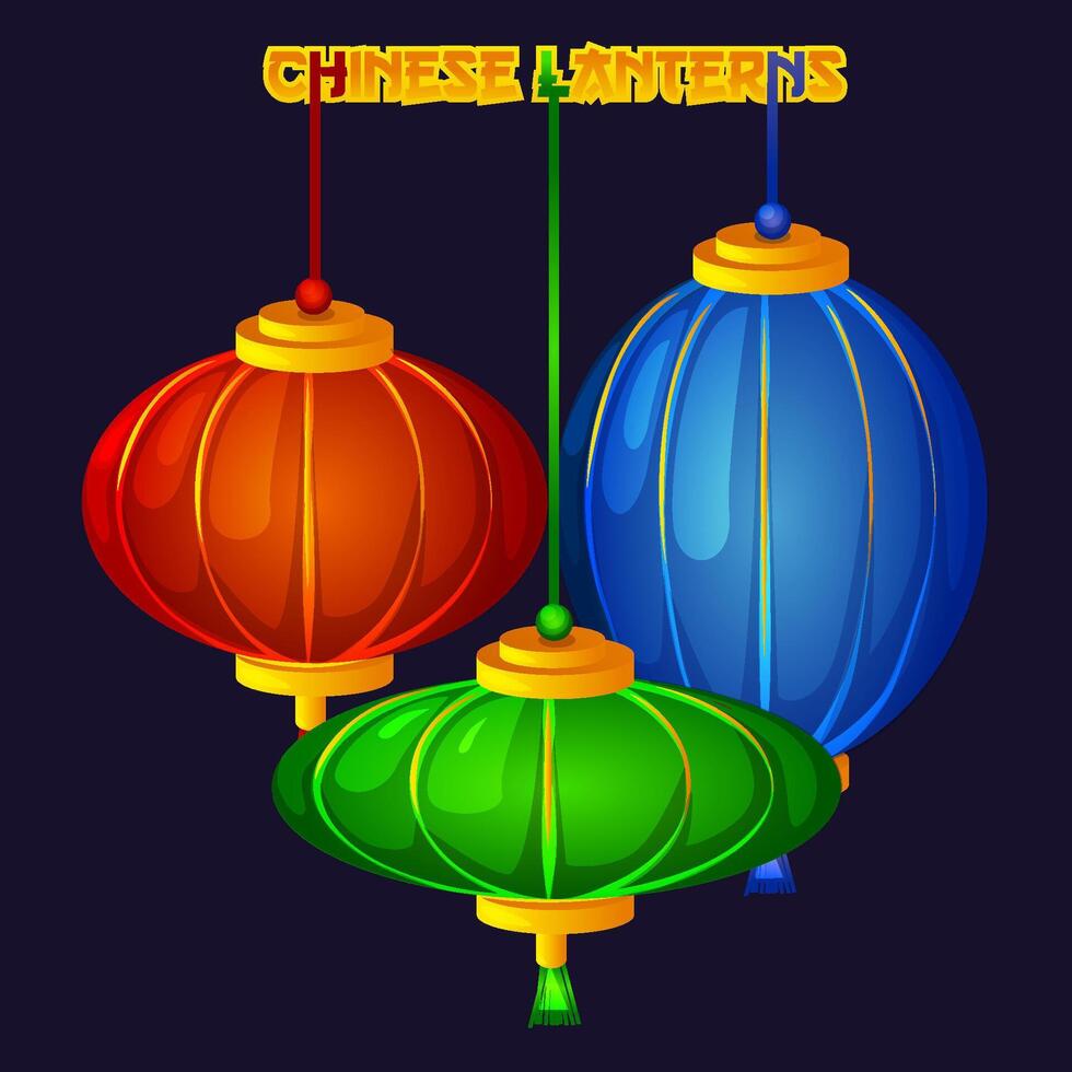 Traditional Chinese three lanterns on dark background. Chinese lamps. Oriental decoration of Chinese culture illustration. Asian Lanterns vector