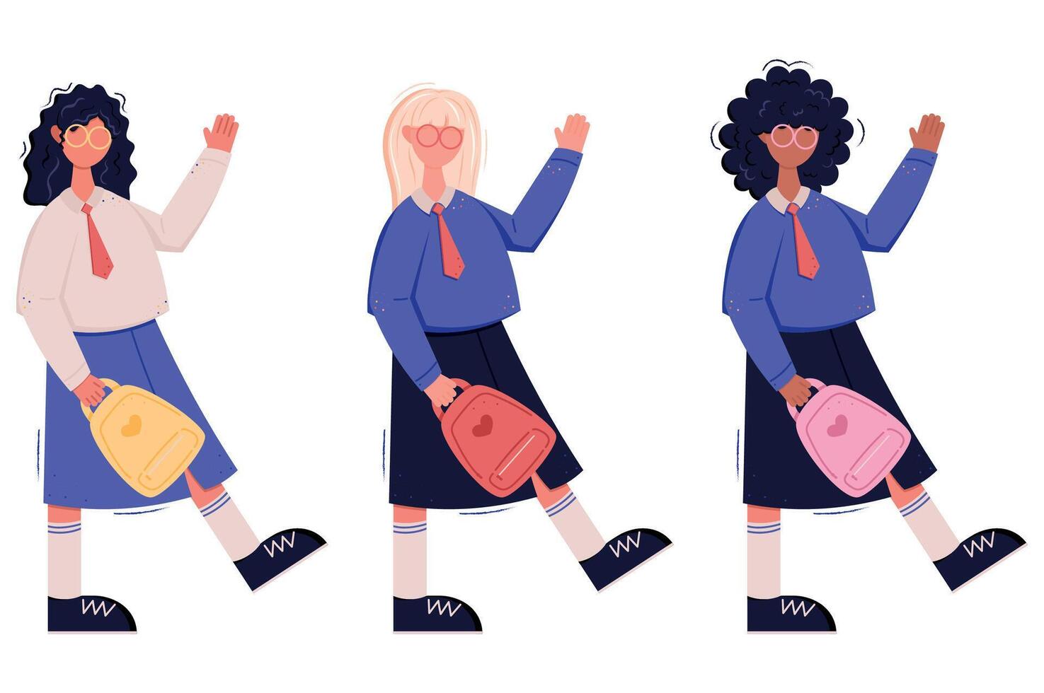 Three girls in school uniforms with backpacks and glasses, back to school flat character vector