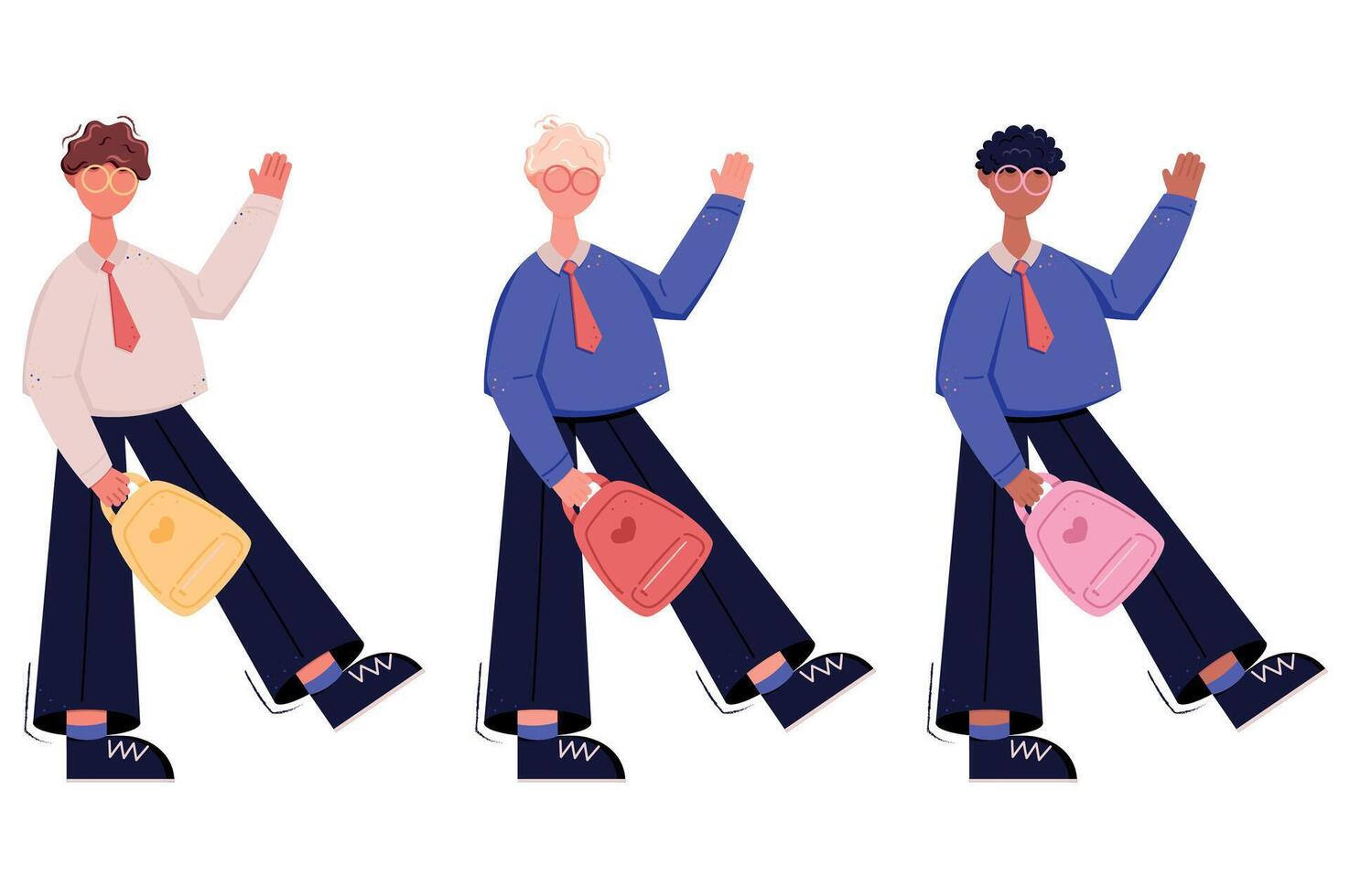 Three boys in school uniforms with backpacks and glasses, flat character vector