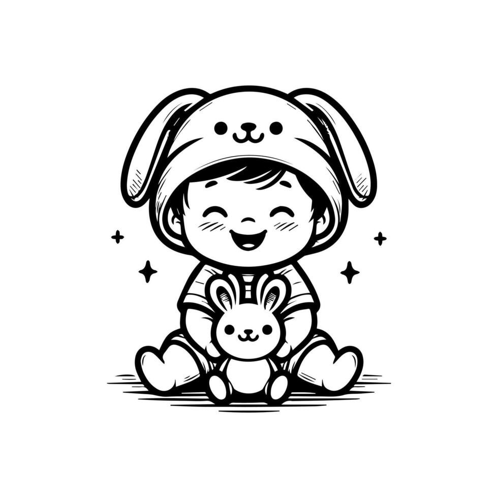 sketch design of a cute baby smiling while playing with a doll. Cute baby playing with a doll vector