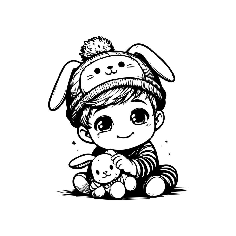 sketch design of a cute baby smiling while playing with a doll. Cute baby playing with a doll vector