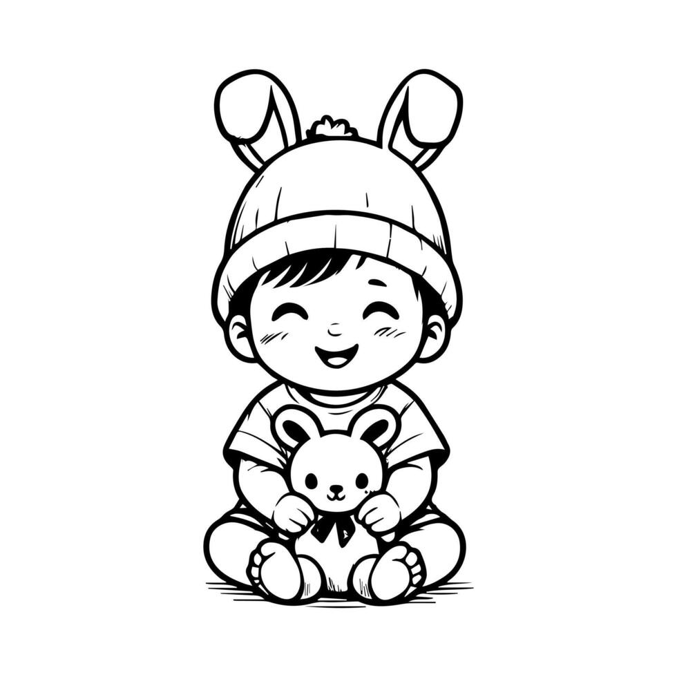 sketch design of a cute baby smiling while playing with a doll. Cute baby playing with a doll vector
