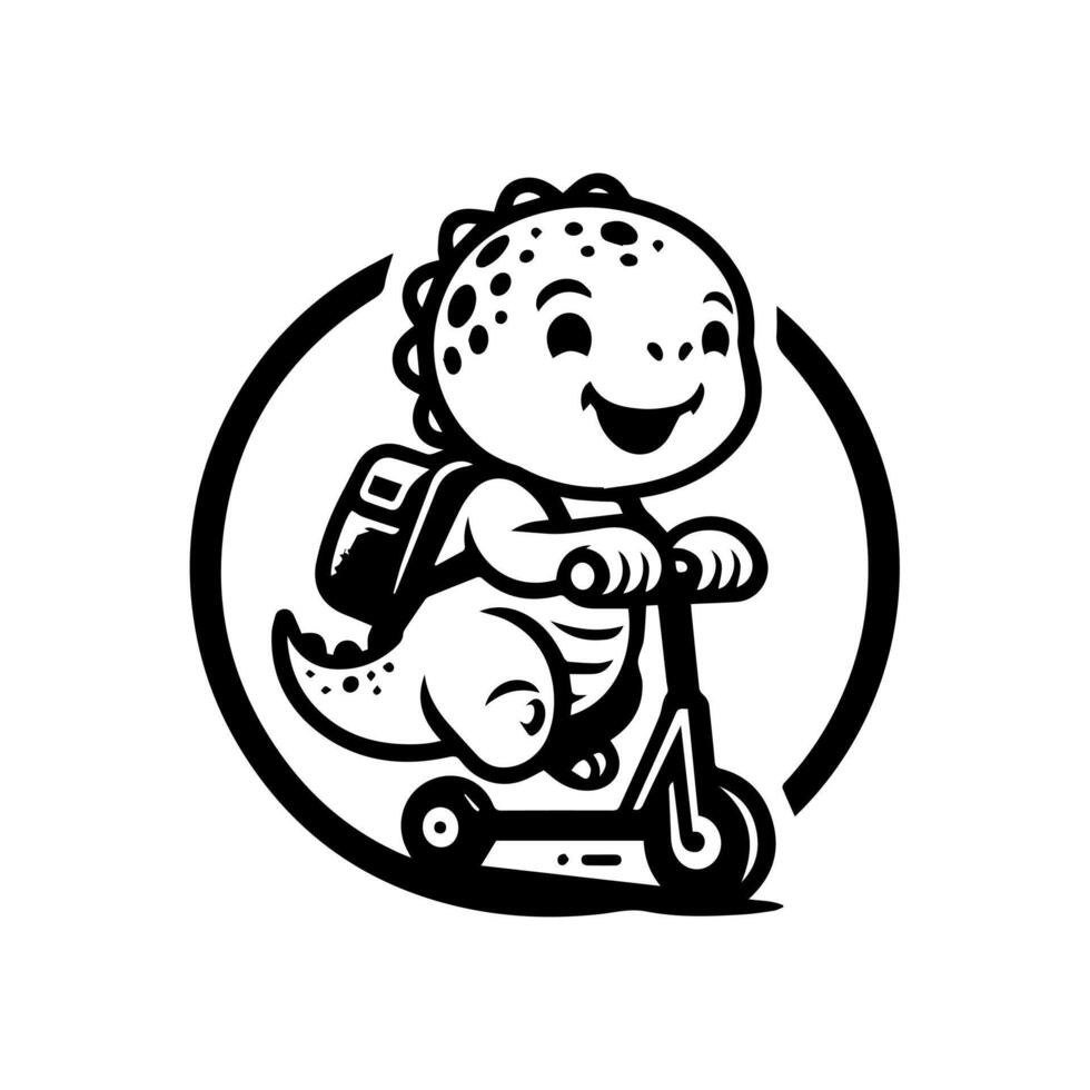Dinosaur playing scooter, Cute dino smile logo vector