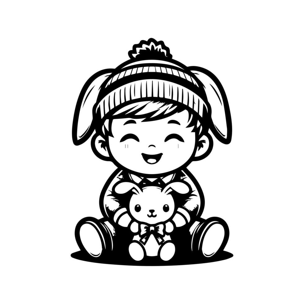 sketch design of a cute baby smiling while playing with a doll. Cute baby playing with a doll vector