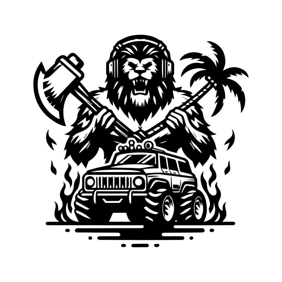 car monster and king lion logo design for t-shirt vector