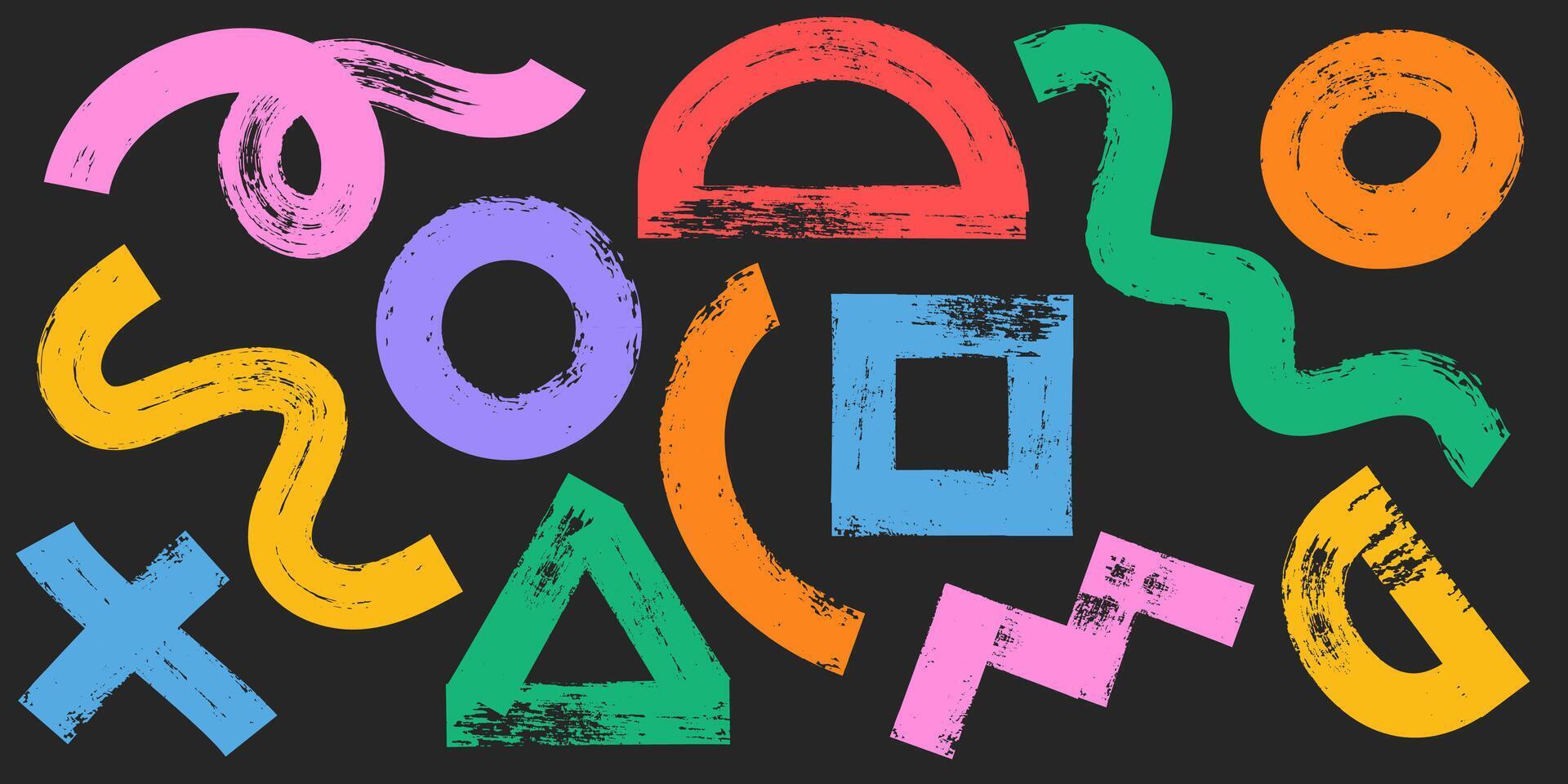 Collection of colorful charcoal graffiti various geometric shapes. Bold marker brush drawn curved doodle elements for templates and collages. Punk and grunge style vector